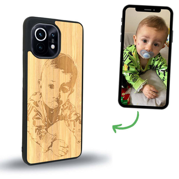 Coque de protection en bois véritable fabriquée en France pour Xiaomi Mi 11 Lite avec gravure personnalisée à partir d'une photo, d'une image, d'un logo, des initials ou d'une phrase