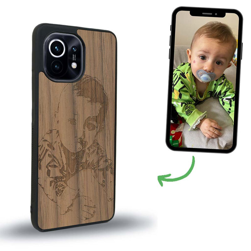 Coque de protection en bois véritable fabriquée en France pour Xiaomi Mi 11 Lite avec gravure personnalisée à partir d'une photo, d'une image, d'un logo, des initials ou d'une phrase