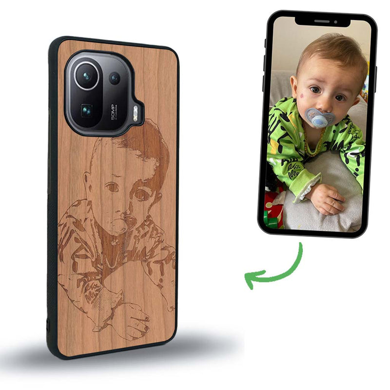 Coque de protection en bois véritable fabriquée en France pour Xiaomi Mi 11 Ultra avec gravure personnalisée à partir d'une photo, d'une image, d'un logo, des initials ou d'une phrase