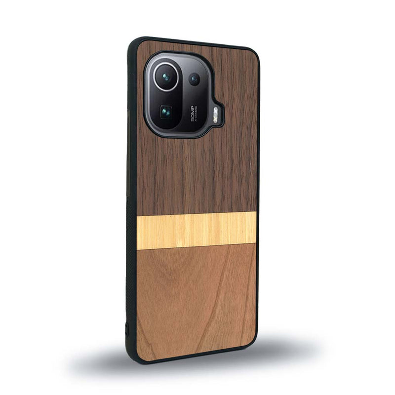 Coque de protection en bois véritable fabriquée en France pour Xiaomi Mi 11 Ultra alliant des bandes horizontales de bambou, merisier et noyer