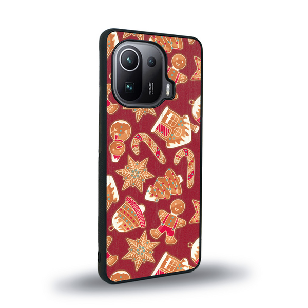 Coque de protection en bois véritable fabriquée en France pour Xiaomi Mi 11 Ultra sur le thème de noël et de l'hiver avec un motif représentant un bonhomme de pain d'épice