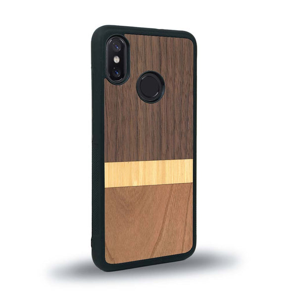 Coque de protection en bois véritable fabriquée en France pour Xiaomi Mi 8 alliant des bandes horizontales de bambou, merisier et noyer