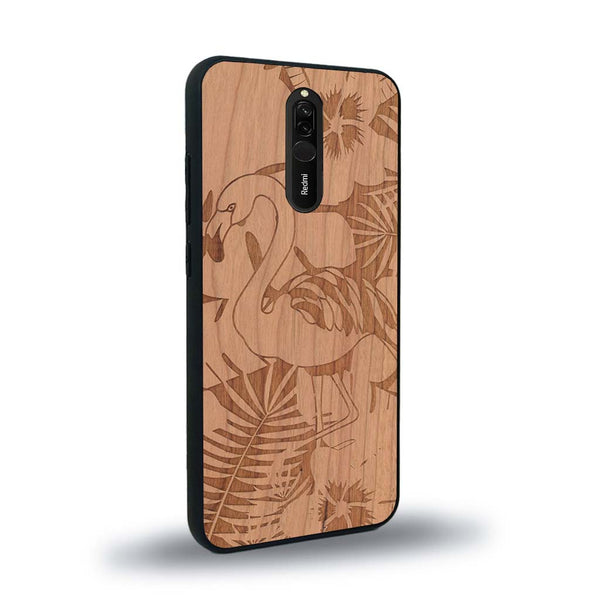 Coque de protection en bois véritable fabriquée en France pour Xiaomi Mi 9T sur le thème de la nature et des animaux représentant un flamant rose entre des fougères