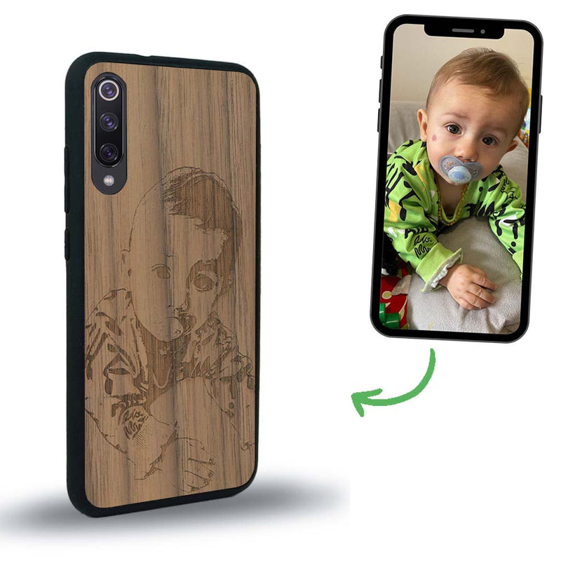 Coque de protection en bois véritable fabriquée en France pour Xiaomi Mi A3 avec gravure personnalisée à partir d'une photo, d'une image, d'un logo, des initials ou d'une phrase