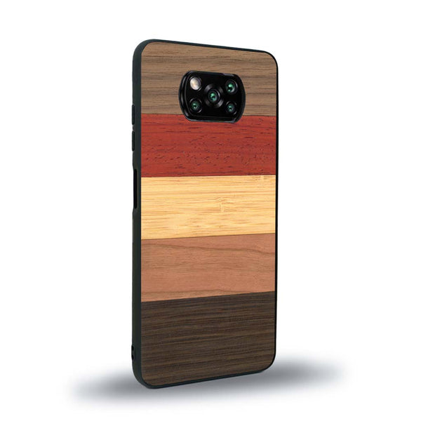 Coque de protection en bois véritable fabriquée en France pour Xiaomi Poco X3 Nfc alliant des bandes horizontales de bambou, merisier, padouk, noyer et chêne fumé
