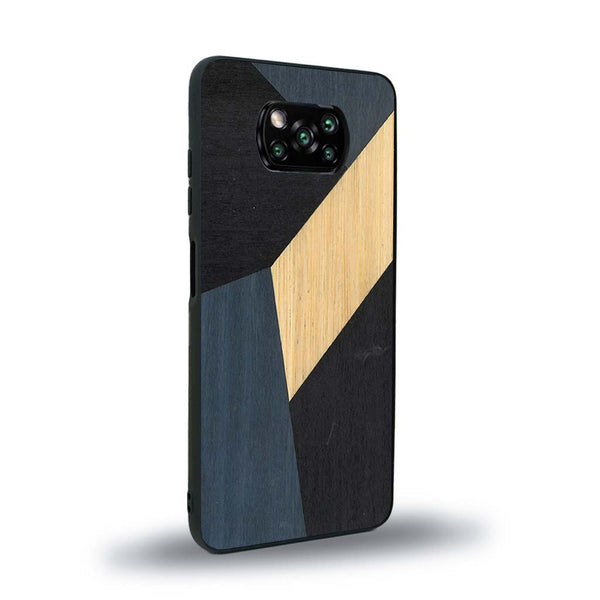 Coque de protection en bois véritable fabriquée en France pour Xiaomi Poco X3 Nfc alliant du bambou, du tulipier bleu et noir en forme de mosaïque minimaliste sur le thème de l'art abstrait
