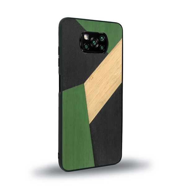 Coque de protection en bois véritable fabriquée en France pour Xiaomi Poco X3 Nfc alliant du bambou, du tulipier vert et noir en forme de mosaïque minimaliste sur le thème de l'art abstrait