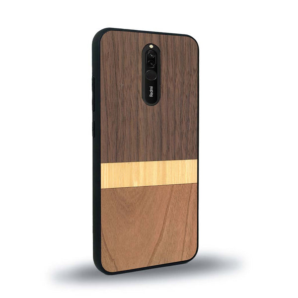 Coque de protection en bois véritable fabriquée en France pour Xiaomi Redmi 8 alliant des bandes horizontales de bambou, merisier et noyer