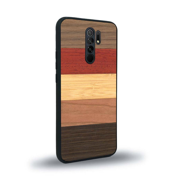 Coque de protection en bois véritable fabriquée en France pour Xiaomi Redmi 9 alliant des bandes horizontales de bambou, merisier, padouk, noyer et chêne fumé