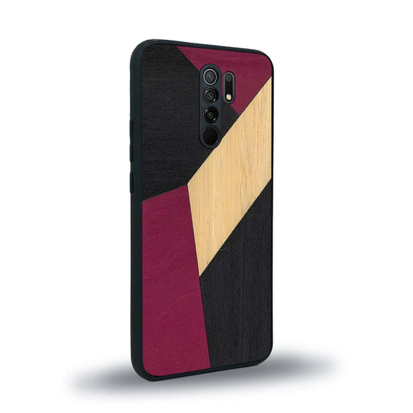 Coque de protection en bois véritable fabriquée en France pour Xiaomi Redmi 9 alliant du bambou, du tulipier rose et noir en forme de mosaïque minimaliste sur le thème de l'art abstrait