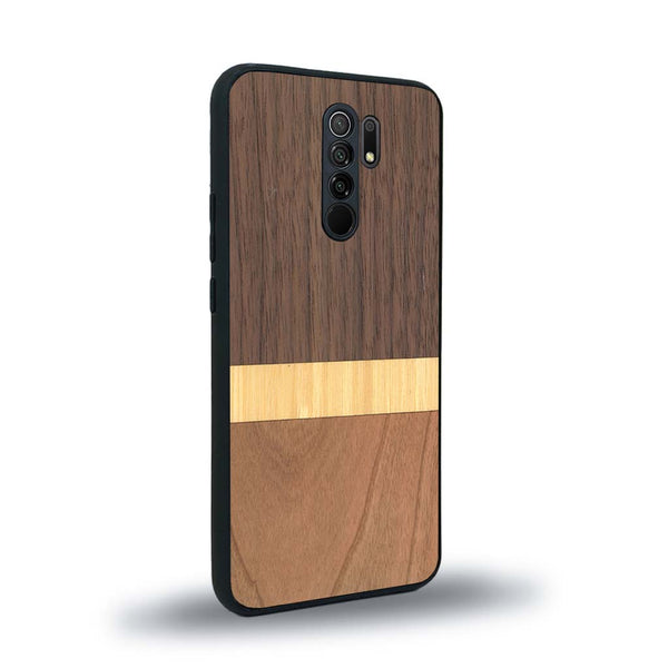 Coque de protection en bois véritable fabriquée en France pour Xiaomi Redmi 9 alliant des bandes horizontales de bambou, merisier et noyer