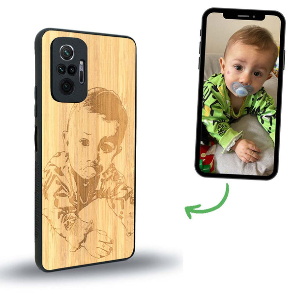 Coque de protection en bois véritable fabriquée en France pour Xiaomi Redmi Note 10 Pro avec gravure personnalisée à partir d'une photo, d'une image, d'un logo, des initials ou d'une phrase