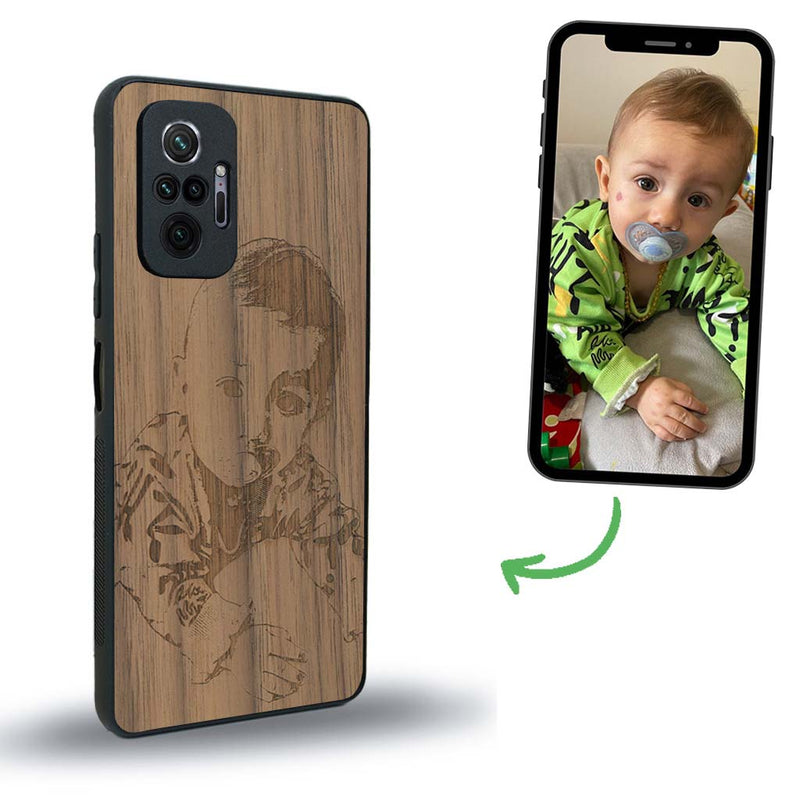 Coque de protection en bois véritable fabriquée en France pour Xiaomi Redmi Note 10 Pro avec gravure personnalisée à partir d'une photo, d'une image, d'un logo, des initials ou d'une phrase