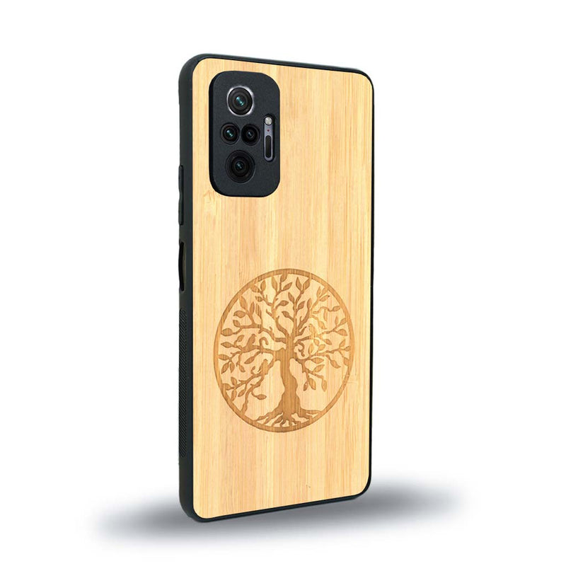 Coque de protection en bois véritable fabriquée en France pour Xiaomi Redmi Note 10 Pro sur le thème de la spiritualité et du yoga avec une gravure zen représentant un arbre de vie