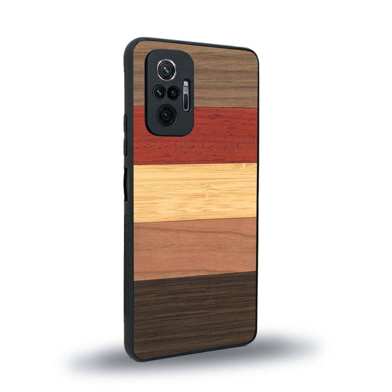 Coque de protection en bois véritable fabriquée en France pour Xiaomi Redmi Note 10 Pro alliant des bandes horizontales de bambou, merisier, padouk, noyer et chêne fumé