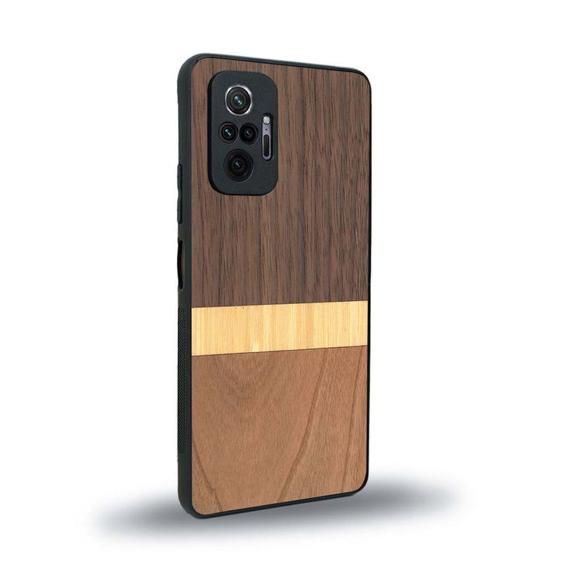 Coque de protection en bois véritable fabriquée en France pour Xiaomi Redmi Note 10 Pro alliant des bandes horizontales de bambou, merisier et noyer