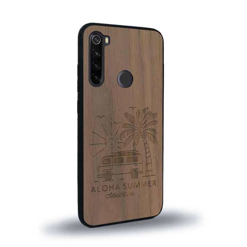 Coque de protection en bois véritable fabriquée en France pour Xiaomi Redmi Note 8 sur le thème de la plage, de l'été et vanlife.
