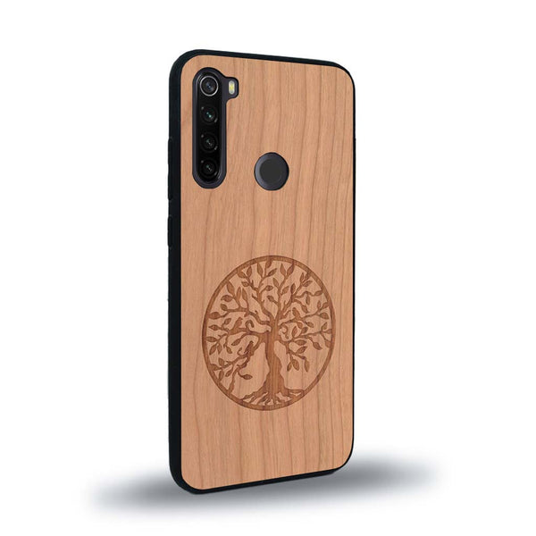 Coque de protection en bois véritable fabriquée en France pour Xiaomi Redmi Note 8 sur le thème de la spiritualité et du yoga avec une gravure zen représentant un arbre de vie