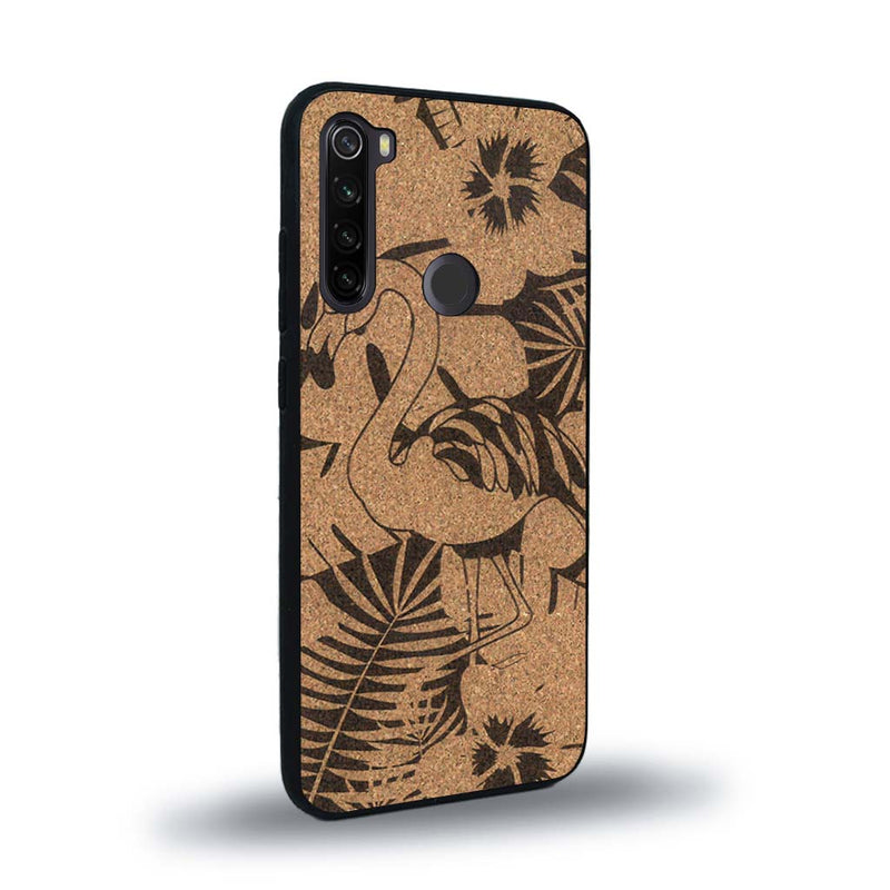 Coque de protection en bois véritable fabriquée en France pour Xiaomi Redmi Note 8 sur le thème de la nature et des animaux représentant un flamant rose entre des fougères