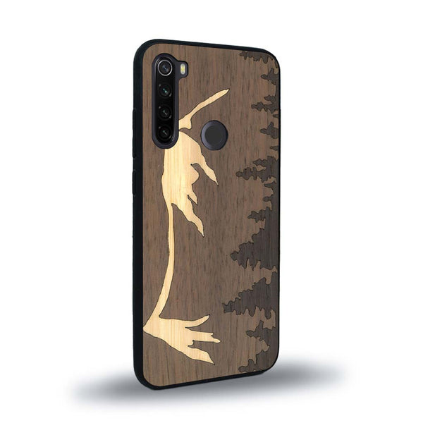 Coque de protection en bois véritable fabriquée en France pour Xiaomi Redmi Note 8 sur le thème de la nature et de la montagne qui allie du chêne fumé, du noyer et du bambou représentant le mont mézenc