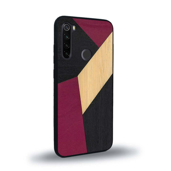 Coque de protection en bois véritable fabriquée en France pour Xiaomi Redmi Note 8 alliant du bambou, du tulipier rose et noir en forme de mosaïque minimaliste sur le thème de l'art abstrait