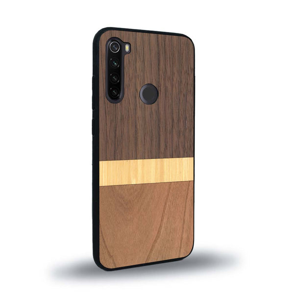Coque de protection en bois véritable fabriquée en France pour Xiaomi Redmi Note 8 alliant des bandes horizontales de bambou, merisier et noyer