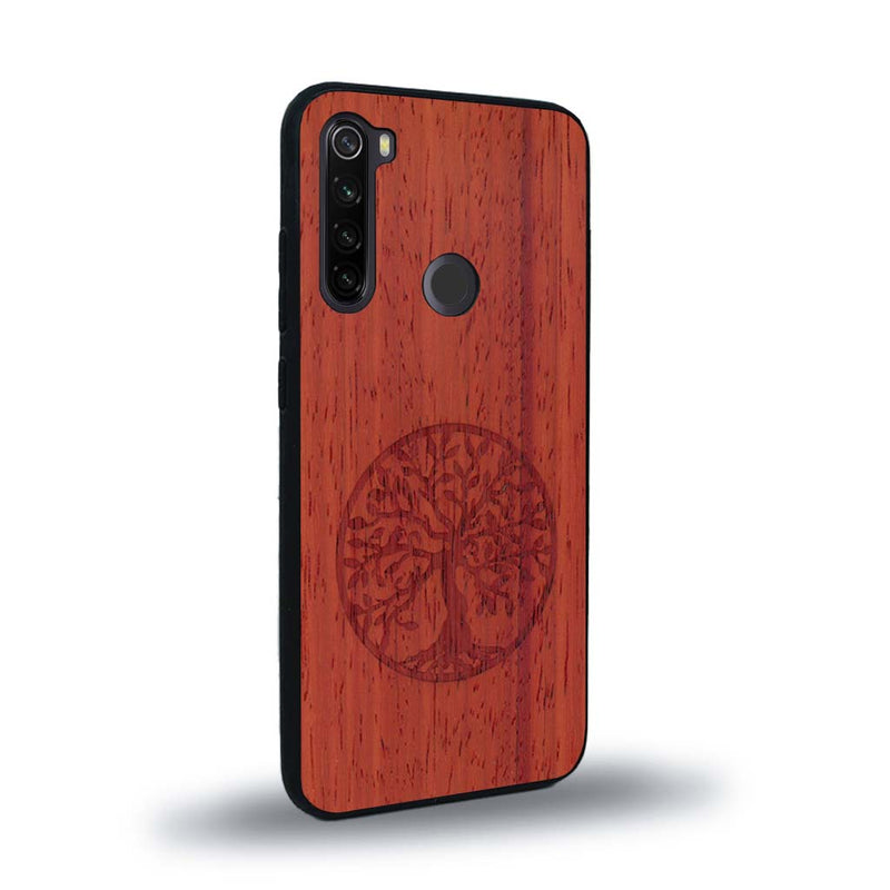 Coque de protection en bois véritable fabriquée en France pour Xiaomi Redmi Note 8T sur le thème de la spiritualité et du yoga avec une gravure zen représentant un arbre de vie