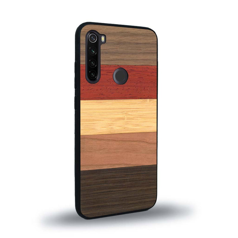 Coque de protection en bois véritable fabriquée en France pour Xiaomi Redmi Note 8T alliant des bandes horizontales de bambou, merisier, padouk, noyer et chêne fumé