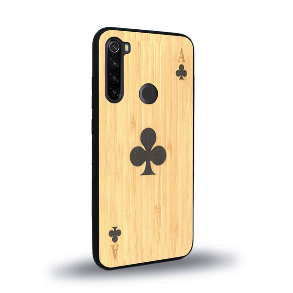 Coque de protection en bois véritable fabriquée en France pour Xiaomi Redmi Note 8T alliant du chêne fumé et du bambou représentant un as de trèfle