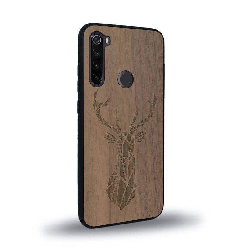 Coque de protection en bois véritable fabriquée en France pour Xiaomi Redmi Note 8T sur le thème de la nature et des animaux représentant une tête de cerf gométrique avec un design moderne et minimaliste