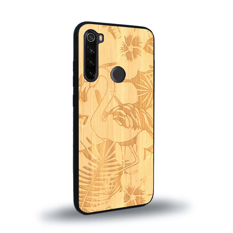 Coque de protection en bois véritable fabriquée en France pour Xiaomi Redmi Note 8T sur le thème de la nature et des animaux représentant un flamant rose entre des fougères