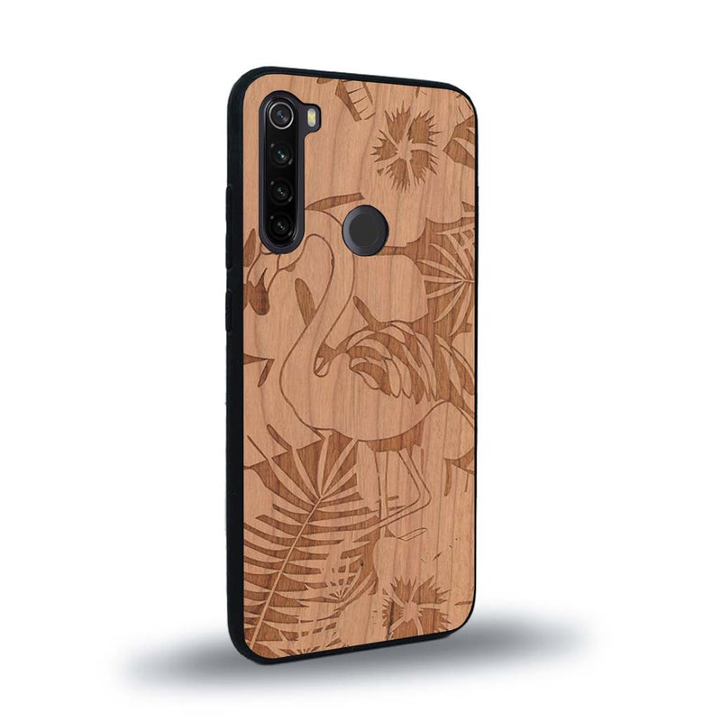 Coque de protection en bois véritable fabriquée en France pour Xiaomi Redmi Note 8T sur le thème de la nature et des animaux représentant un flamant rose entre des fougères