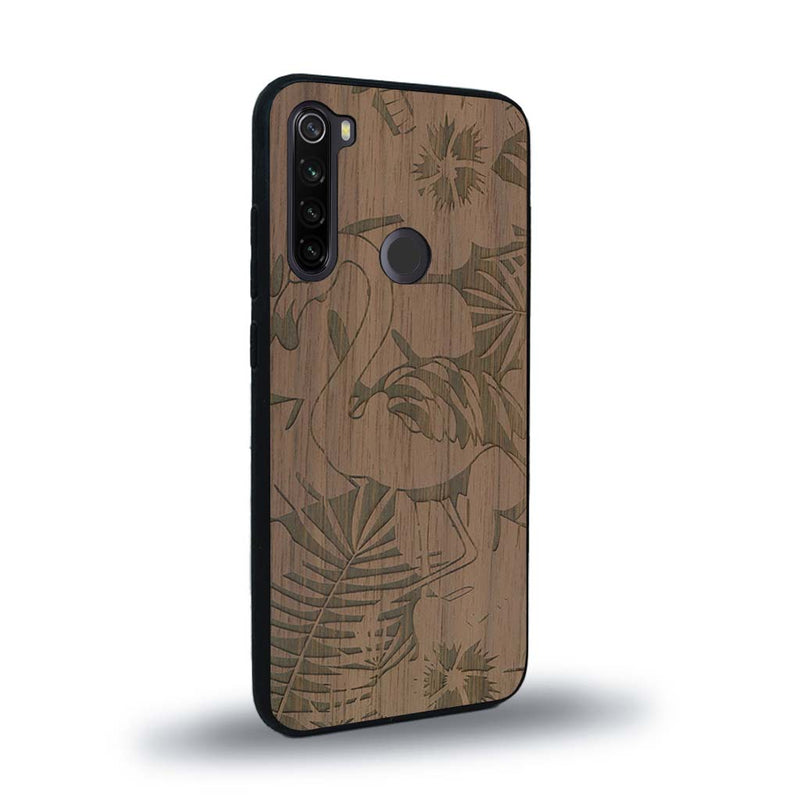 Coque de protection en bois véritable fabriquée en France pour Xiaomi Redmi Note 8T sur le thème de la nature et des animaux représentant un flamant rose entre des fougères