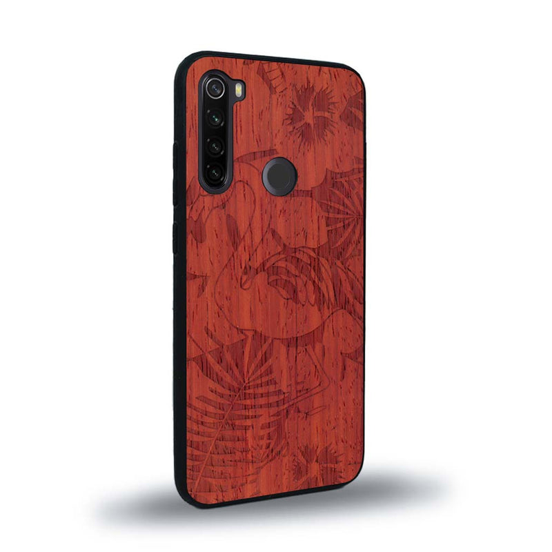 Coque de protection en bois véritable fabriquée en France pour Xiaomi Redmi Note 8T sur le thème de la nature et des animaux représentant un flamant rose entre des fougères