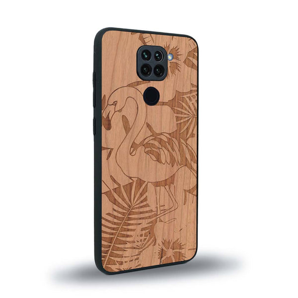 Coque de protection en bois véritable fabriquée en France pour Xiaomi Redmi Note 9 sur le thème de la nature et des animaux représentant un flamant rose entre des fougères
