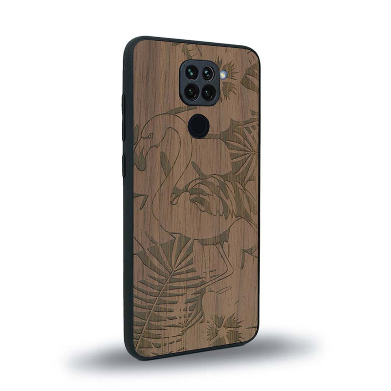 Coque de protection en bois véritable fabriquée en France pour Xiaomi Redmi Note 9 sur le thème de la nature et des animaux représentant un flamant rose entre des fougères