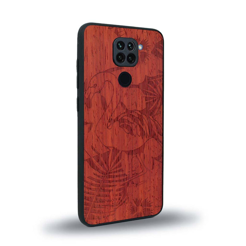 Coque de protection en bois véritable fabriquée en France pour Xiaomi Redmi Note 9 sur le thème de la nature et des animaux représentant un flamant rose entre des fougères