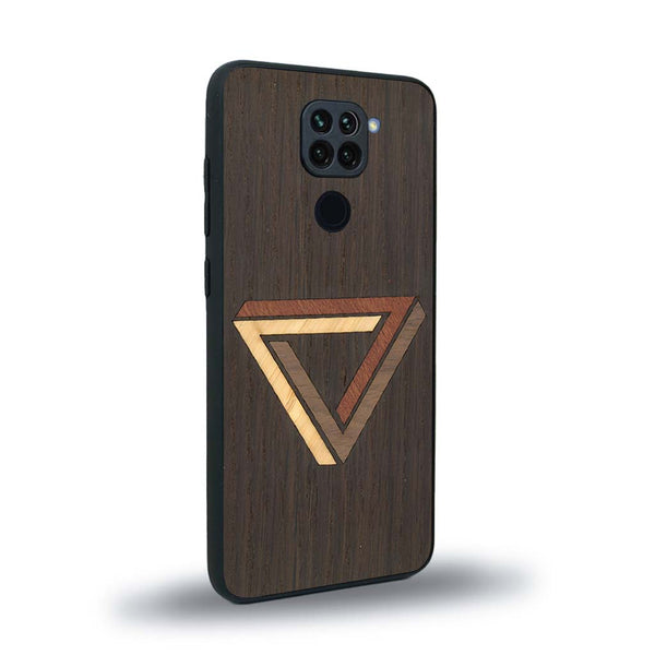 Coque de protection en bois véritable fabriquée en France pour Xiaomi Redmi Note 9 sur le thème de l'art géométrique qui allie du chêne fumé, du noyer, du bambou et du padouk représentant le triangle de penrose